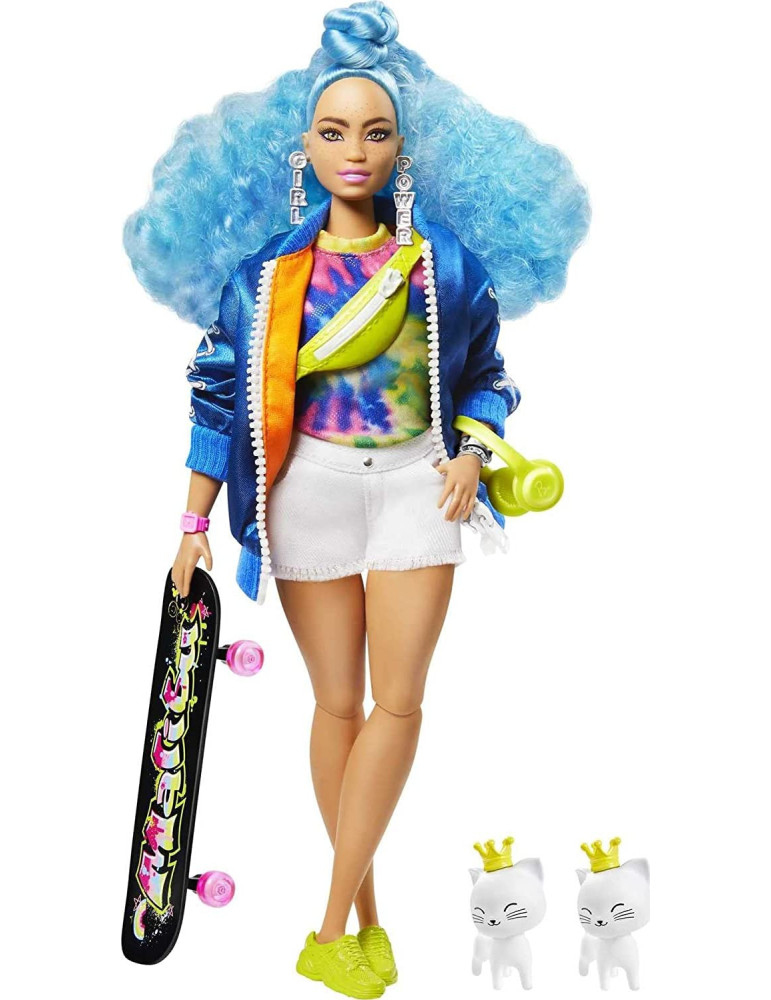 Mattel GRN30. Barbie con pelo azul rizado, accesorios de moda y mascotas
