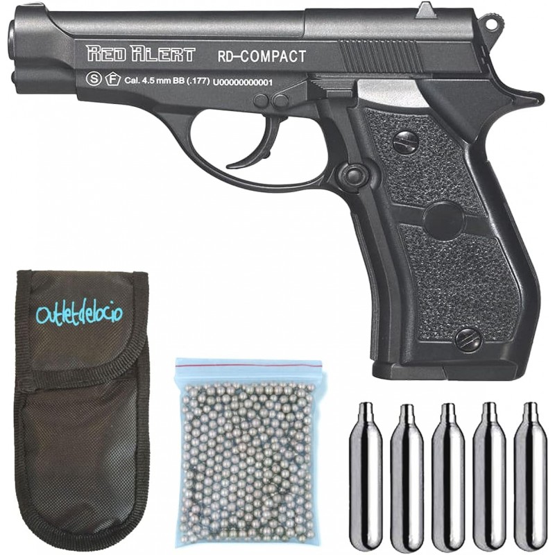 Pack Pistola perdigon Metalica Gamo Red Alert RD Compact. Calibre 4,5mm + Funda Outletdelocio + balines + Bombonas co2