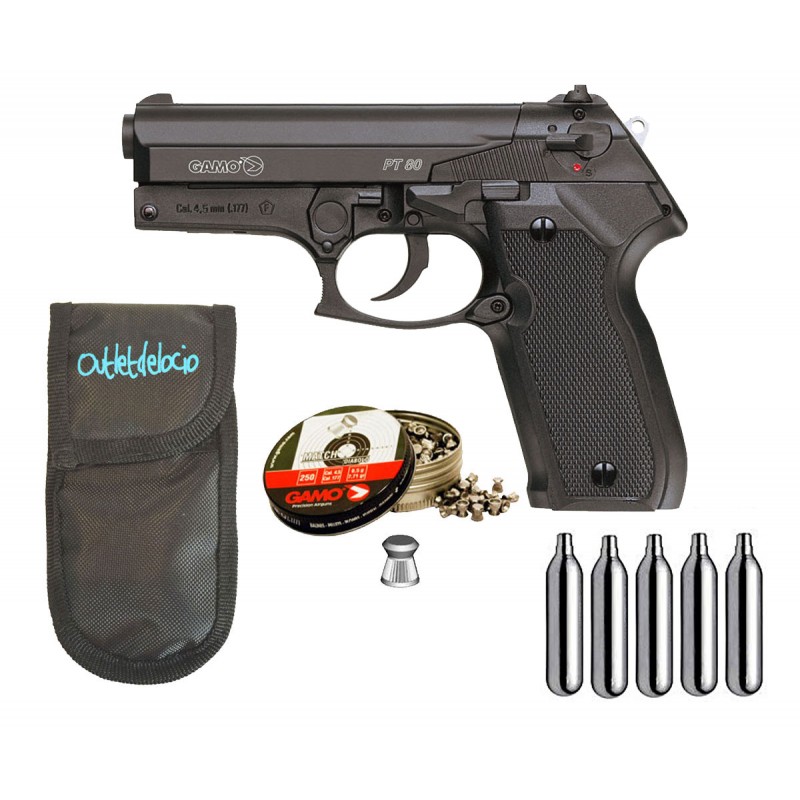 Pistola Perdigón Gamo PT-80 4,5mm. + Funda portabombonas + balines + bombonas co2.