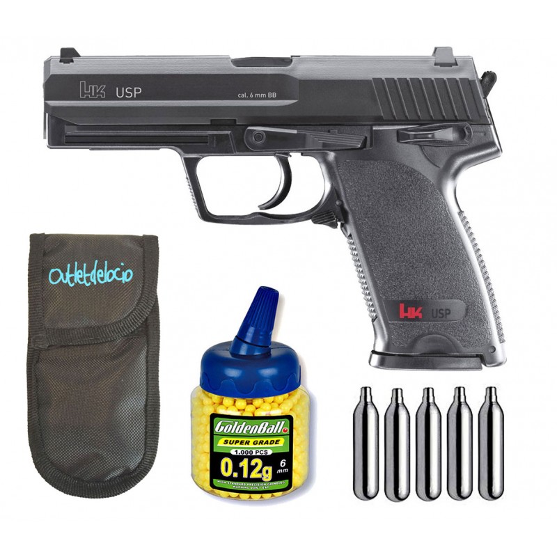 Pistola Airsoft Umarex U25561. HK USP. + Funda portabalines + 1000 Bolas + bombonas Co2. 23054/21993/29318