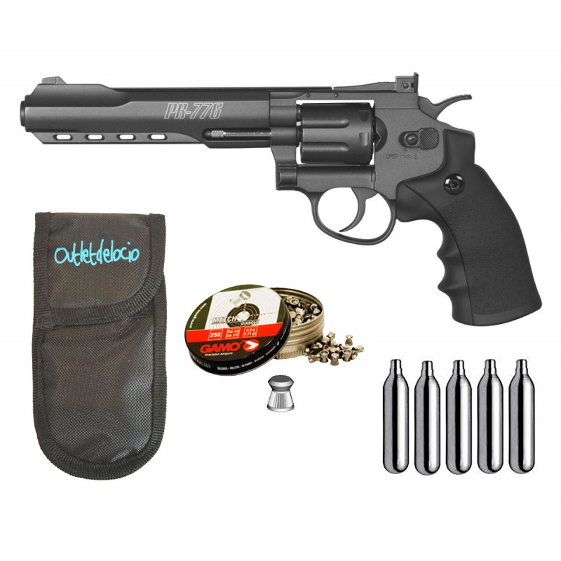 Revolver Perdigón Gamo PR-776. Calibre 4,5mm. + Funda balines + bombonas co2