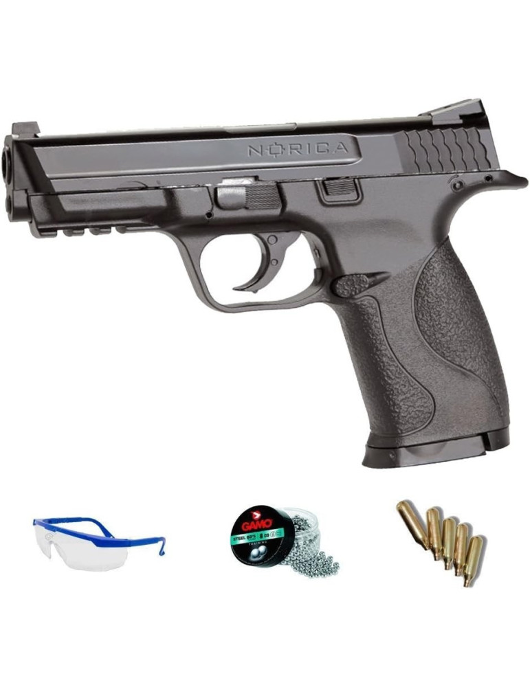 PACK pistola de aire comprimido Norica NAC 1703 - Arma de CO2 y balines BBs (perdigones de acero)3,5J
