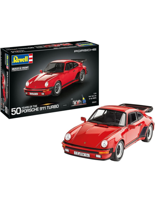 Revell 05634. Kit de maqueta de plástico 50 años de Porsche 911 Turbo. Incluye pincel, pinturas y pegamento. Escala 1/24