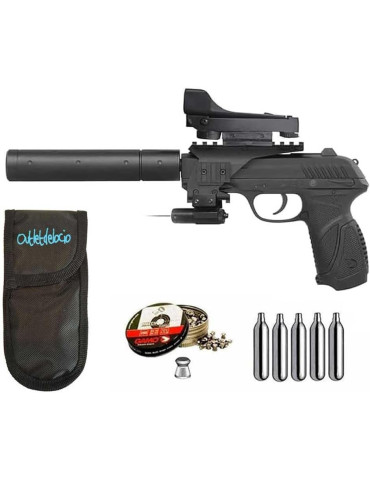 Set Pistola Perdigón Gamo PT-85 Tactical Blowback. 4.5mm + Visor + Accesorios.