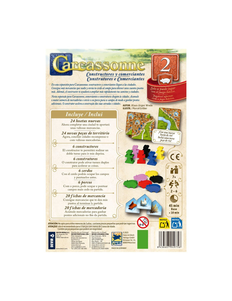 Devir BGCARCCPS. Expansión 2 de Carcassone "Constructores y comerciantes". 2-5 jug +7 años
