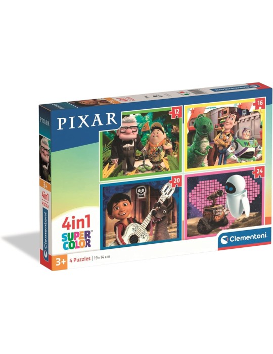 Clementoni 21754. Puzzle Disney Pixar Super Color 4 en 1 de 12, 16, 20 y 24 Piezas . 19x14 cm