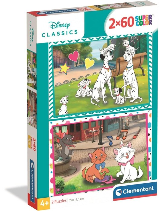 Clementoni 24836. 2 puzzles de 60 piezas de 101 Dálmatas y los Aristogatos. 27x19cm