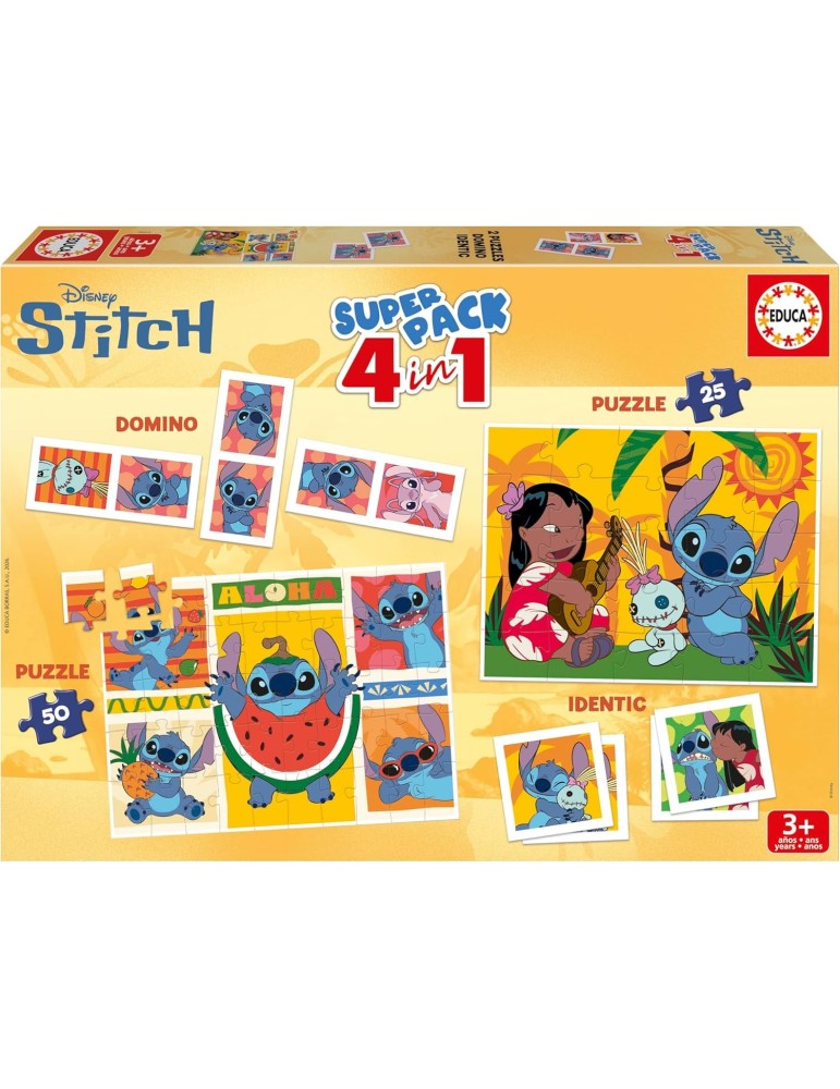 Educa 20474. Puzzle Superpack Stitch Disney 4 en 1 de 25 y 50 Piezas. 32x24cm